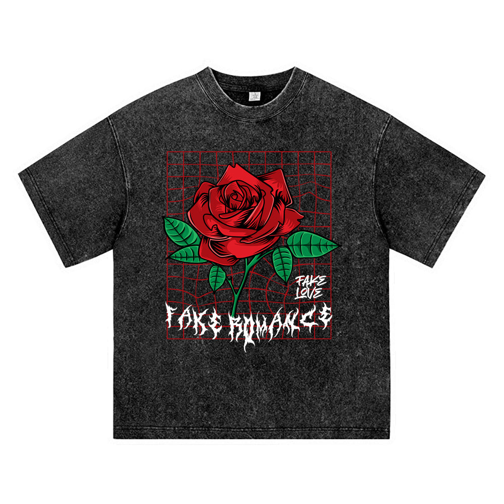 270GSM Heavy Cotton T-SHirt ACID Tees Washed Vintage T-Shirts Red Rose DTG Print TShirts