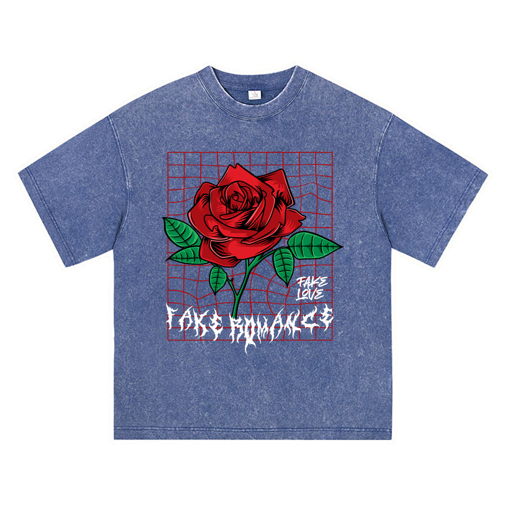 270GSM Heavy Cotton T-SHirt ACID Tees Washed Vintage T-Shirts Red Rose DTG Print TShirts