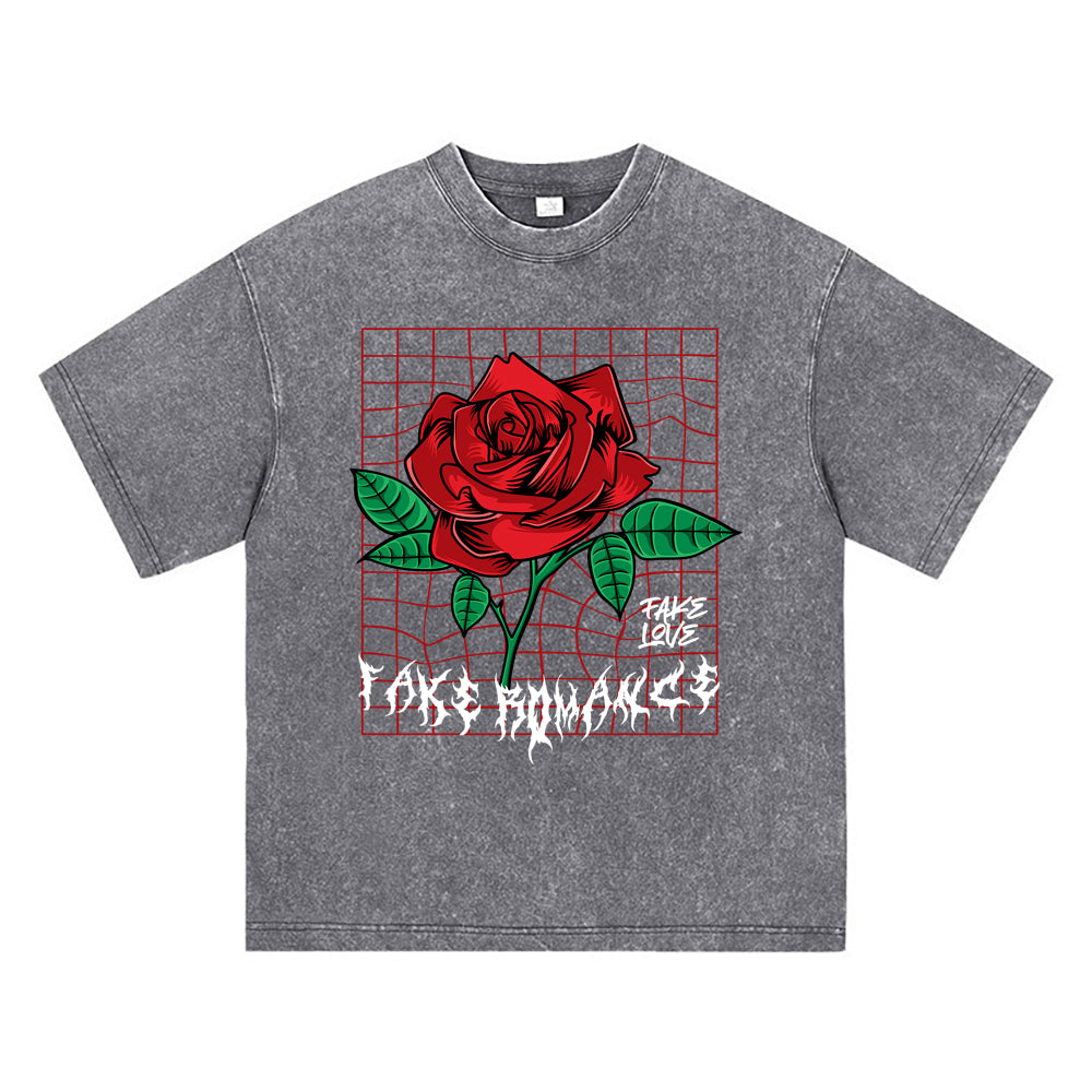 270GSM Heavy Cotton T-SHirt ACID Tees Washed Vintage T-Shirts Red Rose DTG Print TShirts