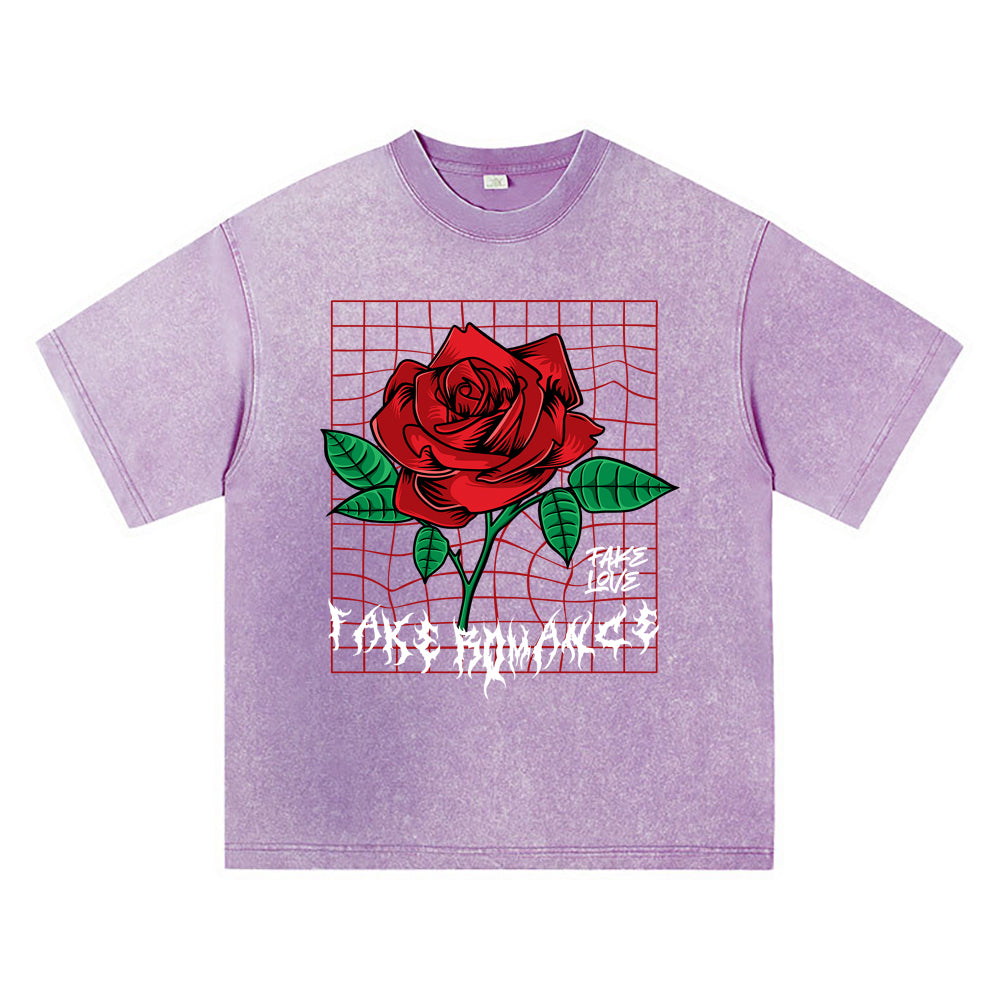 270GSM Heavy Cotton T-SHirt ACID Tees Washed Vintage T-Shirts Red Rose DTG Print TShirts