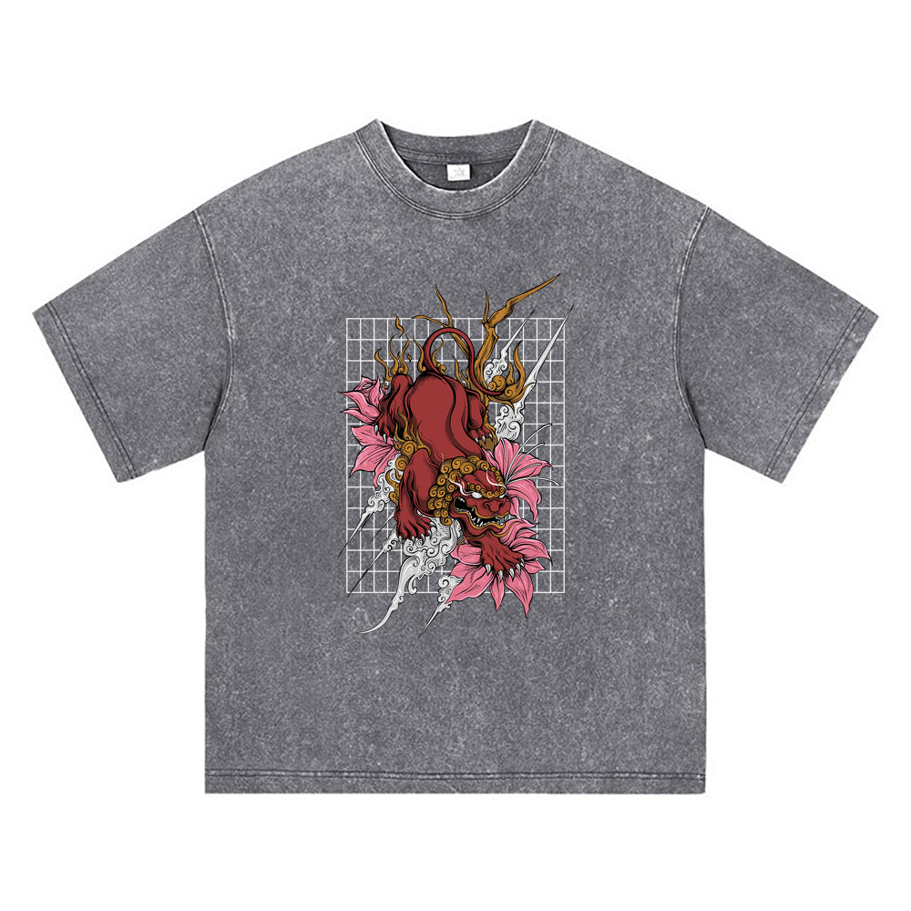 270GSM Heavy Cotton T-SHirt ACID Tees Washed Vintage T-Shirts Shishi And Flower DTG Print TShirts