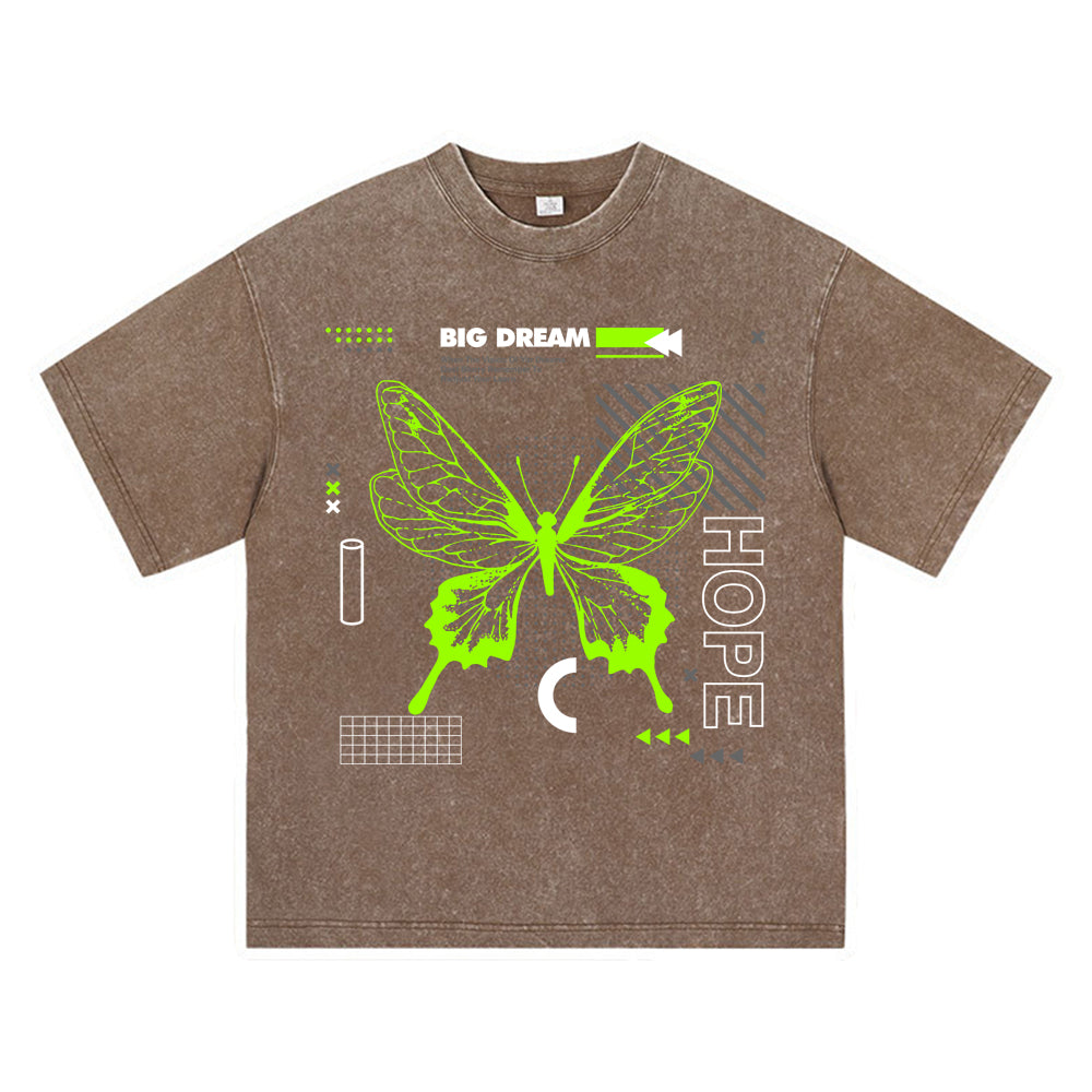 270GSM Heavy Cotton T-SHirt ACID Tees Washed Vintage T-Shirts Big Dream Butterfly DTG Print TShirts