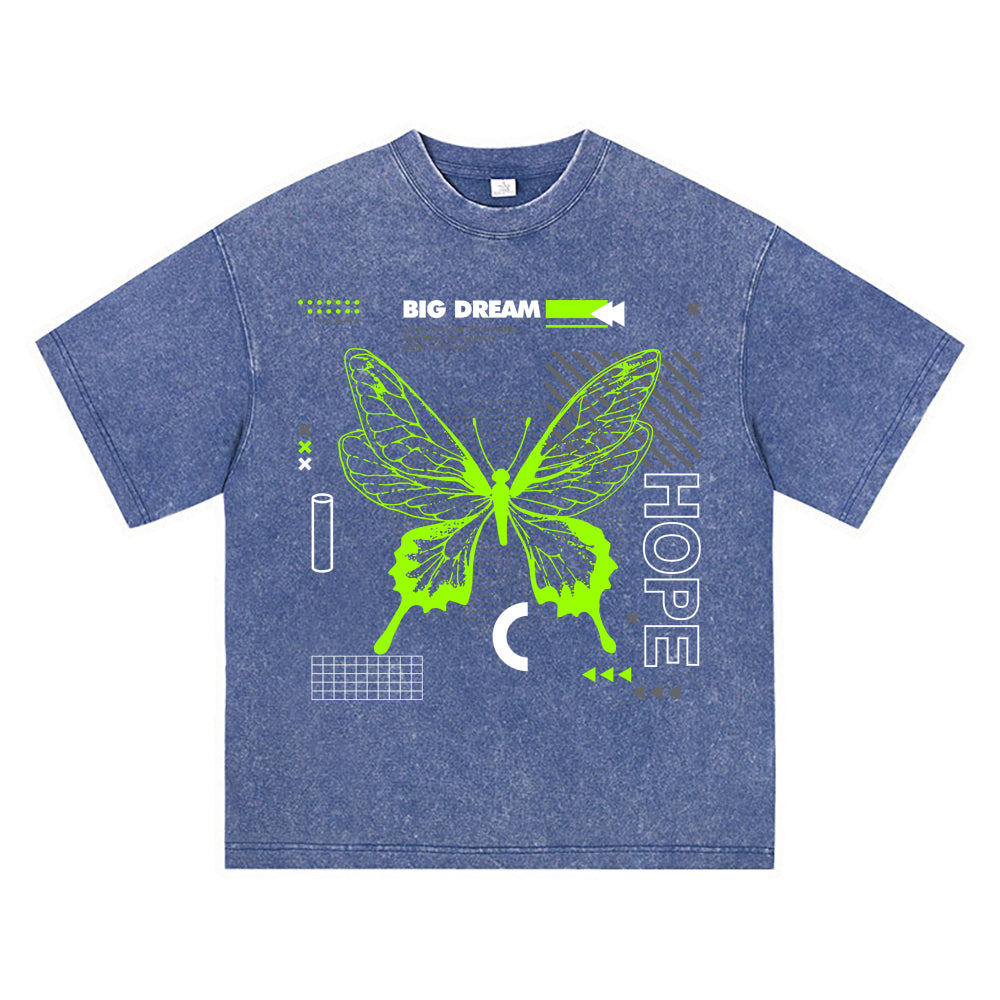 270GSM Heavy Cotton T-SHirt ACID Tees Washed Vintage T-Shirts Big Dream Butterfly DTG Print TShirts