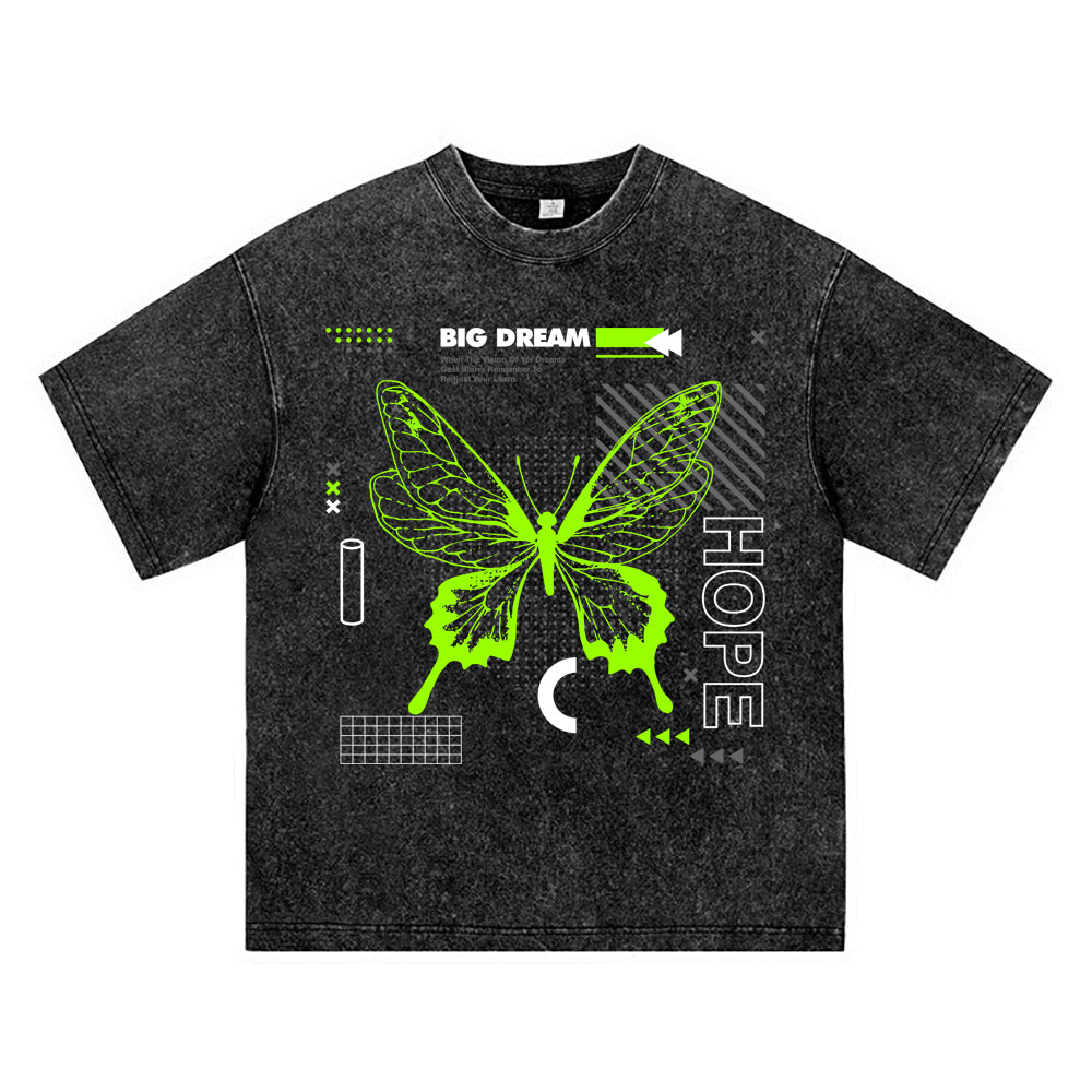 270GSM Heavy Cotton T-SHirt ACID Tees Washed Vintage T-Shirts Big Dream Butterfly DTG Print TShirts