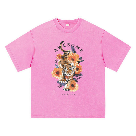 270GSM Heavy Cotton T-SHirt ACID Tees Washed Vintage T-Shirts Tiger Flower DTG Print TShirts