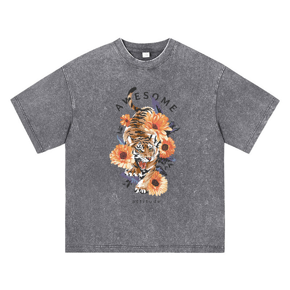 270GSM Heavy Cotton T-SHirt ACID Tees Washed Vintage T-Shirts Tiger Flower DTG Print TShirts