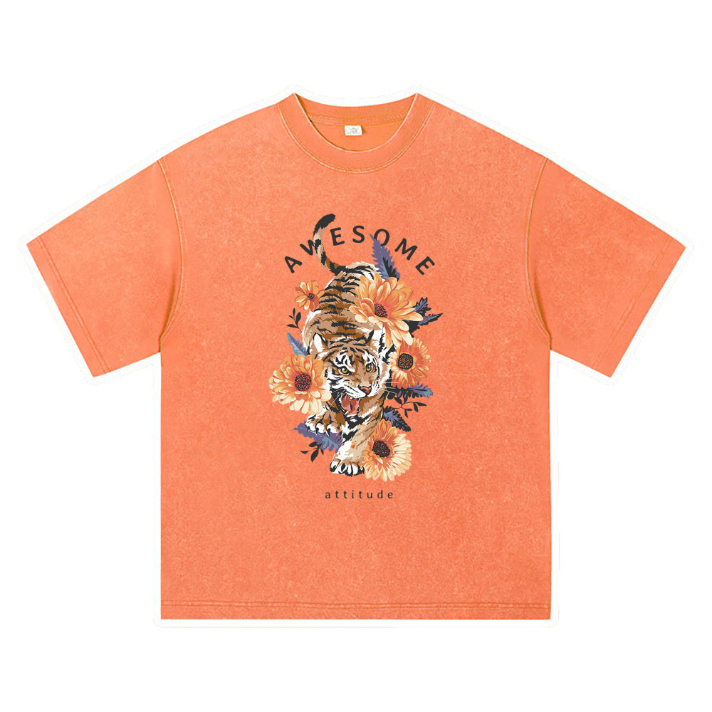 270GSM Heavy Cotton T-SHirt ACID Tees Washed Vintage T-Shirts Tiger Flower DTG Print TShirts