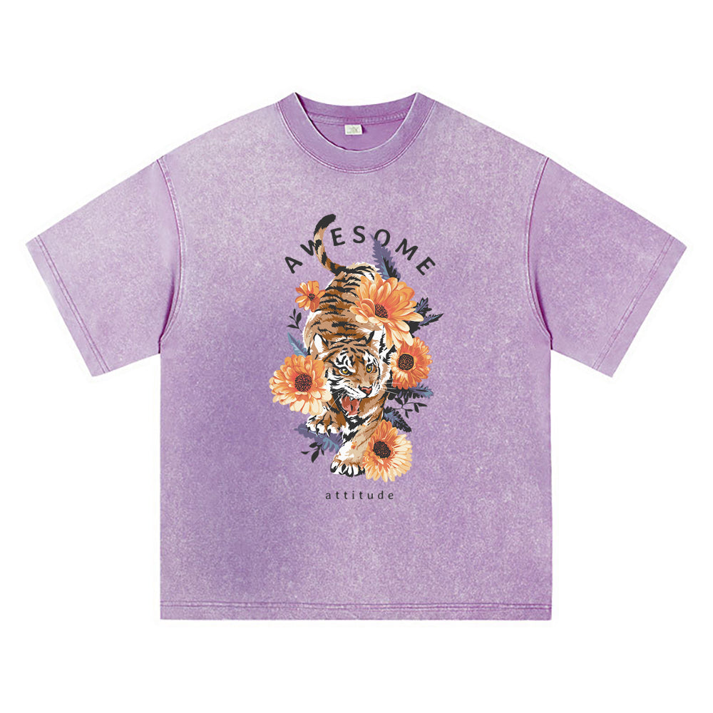 270GSM Heavy Cotton T-SHirt ACID Tees Washed Vintage T-Shirts Tiger Flower DTG Print TShirts