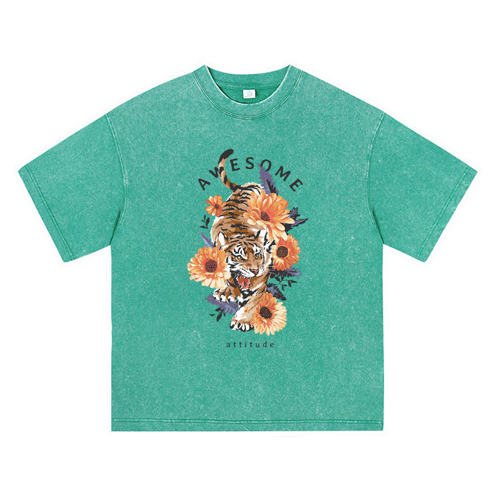 270GSM Heavy Cotton T-SHirt ACID Tees Washed Vintage T-Shirts Tiger Flower DTG Print TShirts