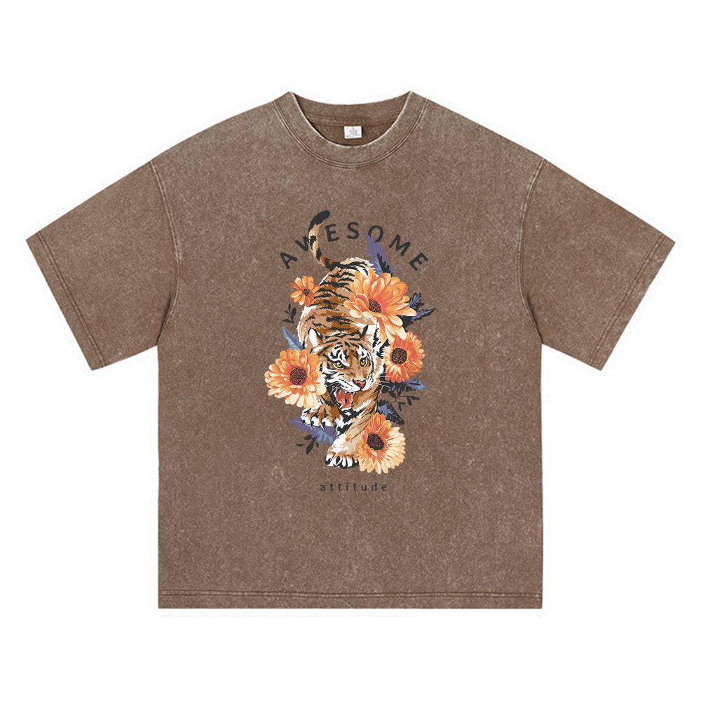 270GSM Heavy Cotton T-SHirt ACID Tees Washed Vintage T-Shirts Tiger Flower DTG Print TShirts