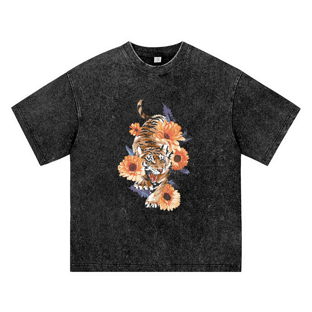 270GSM Heavy Cotton T-SHirt ACID Tees Washed Vintage T-Shirts Tiger Flower DTG Print TShirts