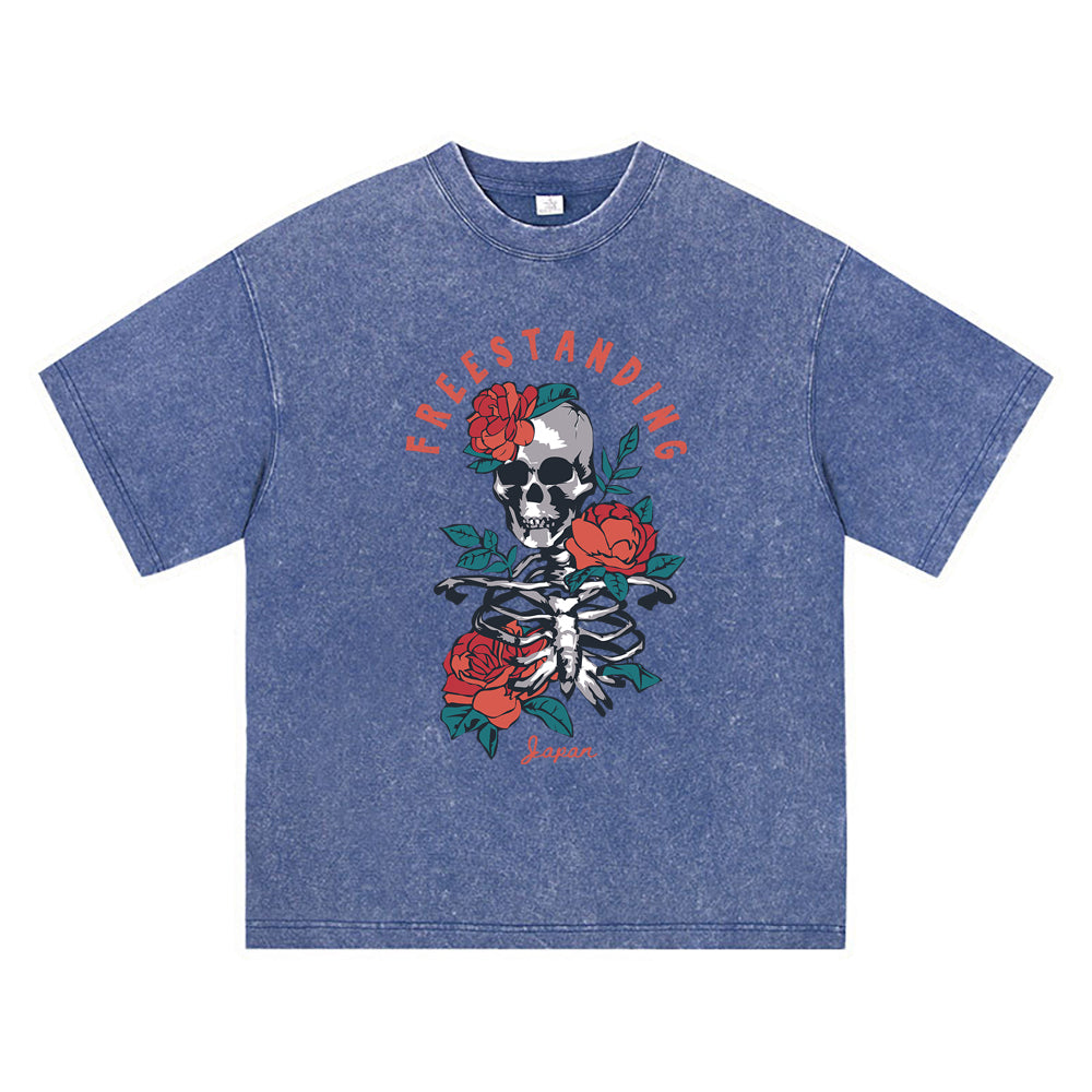 270GSM Heavy Cotton T-SHirt ACID Tees Washed Vintage T-Shirts Skeleton Red Roses DTG Print TShirts