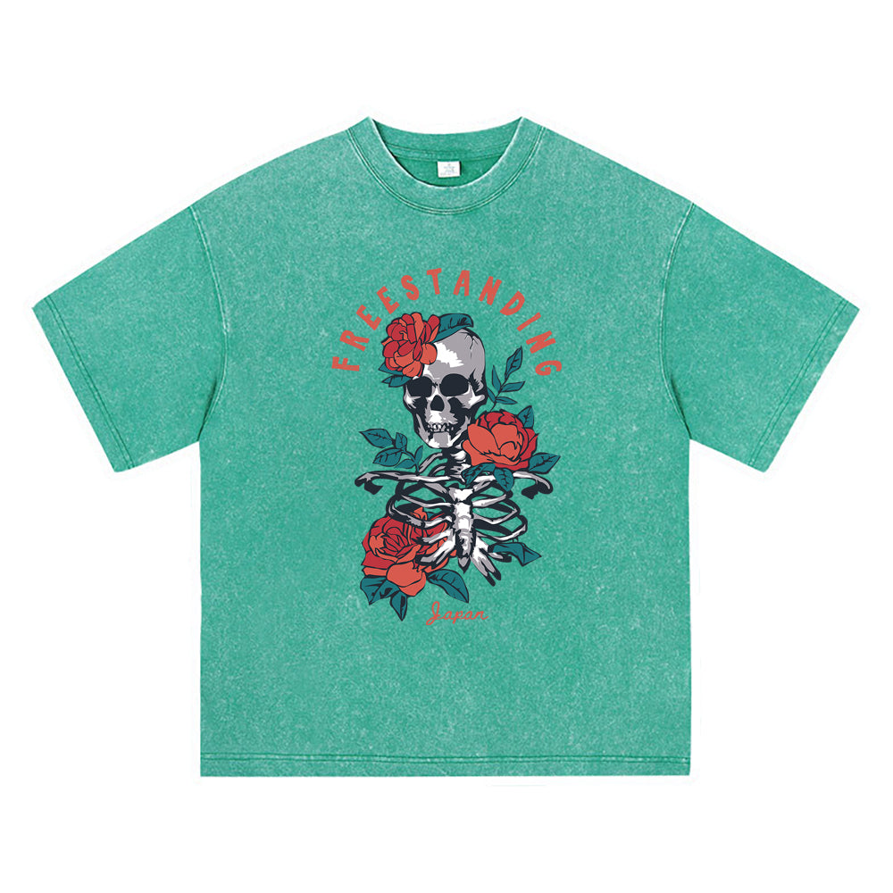 270GSM Heavy Cotton T-SHirt ACID Tees Washed Vintage T-Shirts Skeleton Red Roses DTG Print TShirts