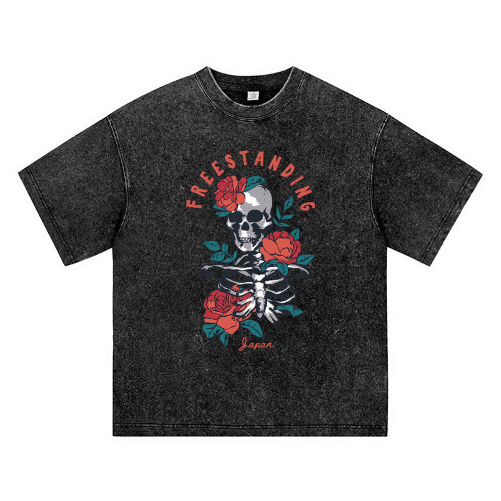 270GSM Heavy Cotton T-SHirt ACID Tees Washed Vintage T-Shirts Skeleton Red Roses DTG Print TShirts