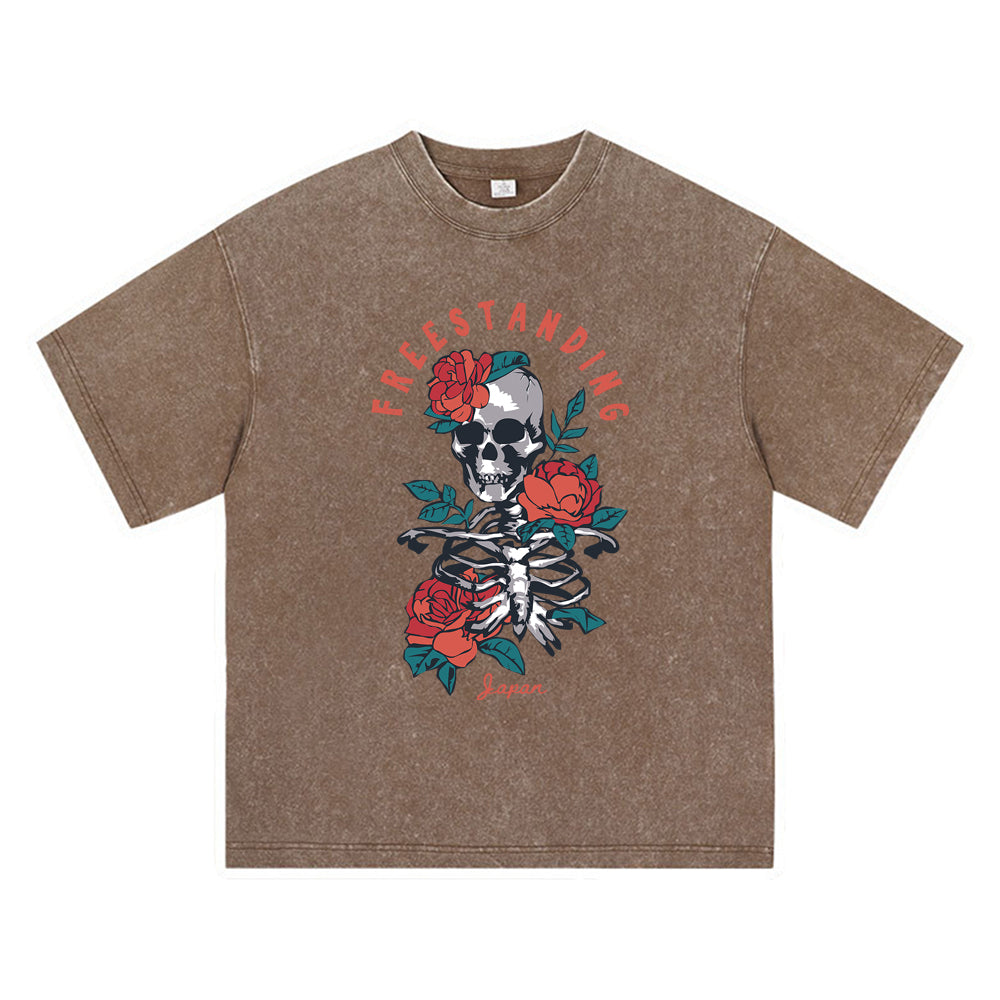 270GSM Heavy Cotton T-SHirt ACID Tees Washed Vintage T-Shirts Skeleton Red Roses DTG Print TShirts