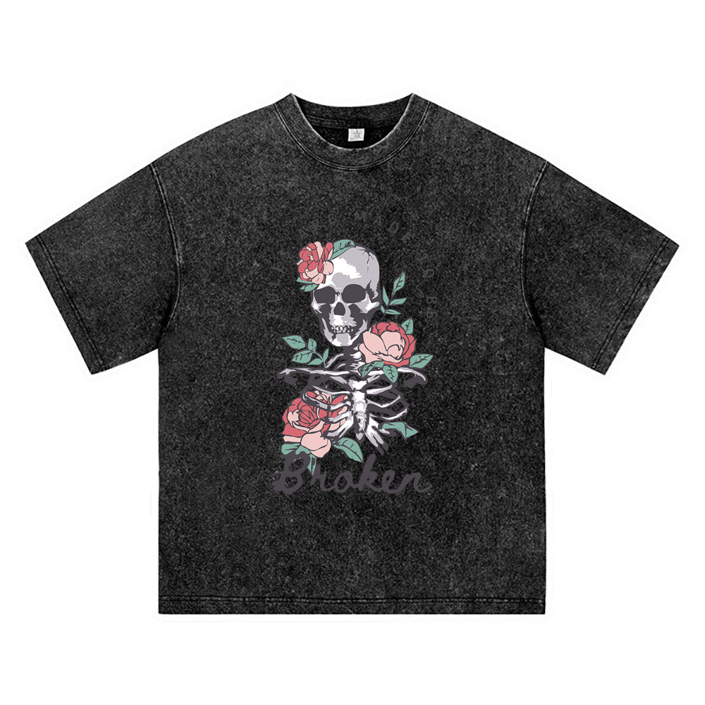 270GSM Heavy Cotton T-SHirt ACID Tees Washed Vintage T-Shirts Skeleton Roses DTG Print TShirts