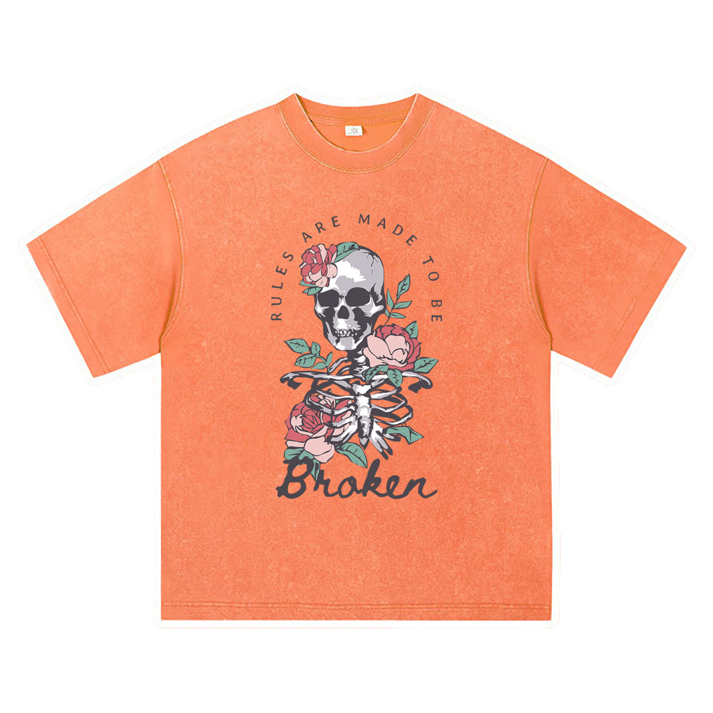 270GSM Heavy Cotton T-SHirt ACID Tees Washed Vintage T-Shirts Skeleton Roses DTG Print TShirts