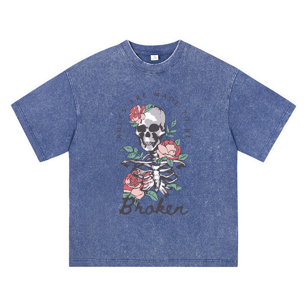 270GSM Heavy Cotton T-SHirt ACID Tees Washed Vintage T-Shirts Skeleton Roses DTG Print TShirts