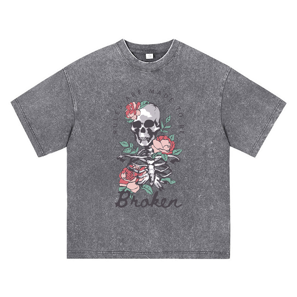 270GSM Heavy Cotton T-SHirt ACID Tees Washed Vintage T-Shirts Skeleton Roses DTG Print TShirts