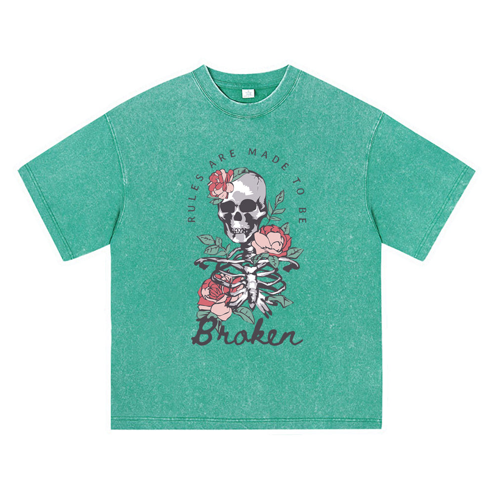 270GSM Heavy Cotton T-SHirt ACID Tees Washed Vintage T-Shirts Skeleton Roses DTG Print TShirts