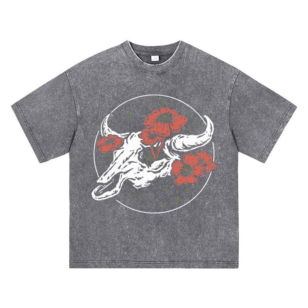 270GSM Heavy Cotton T-SHirt ACID Tees Washed Vintage T-Shirts Skull Bull Head DTG Print TShirts