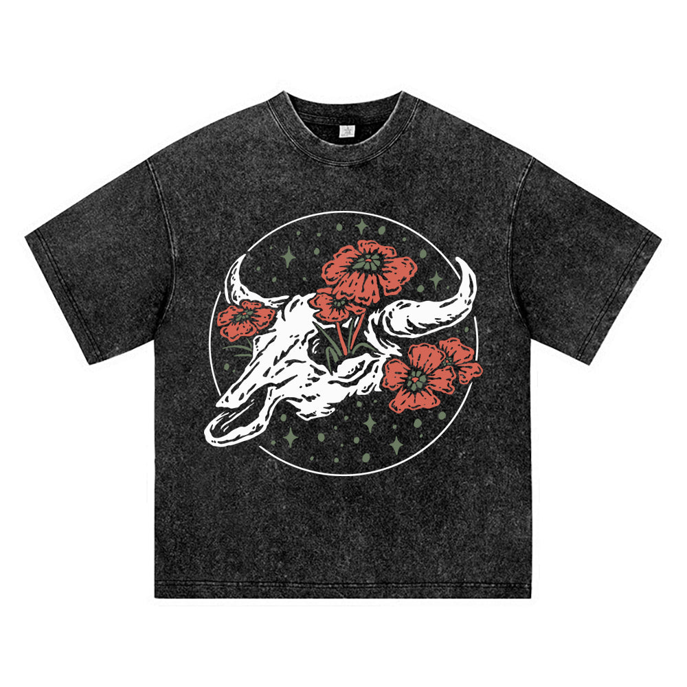 270GSM Heavy Cotton T-SHirt ACID Tees Washed Vintage T-Shirts Skull Bull Head DTG Print TShirts