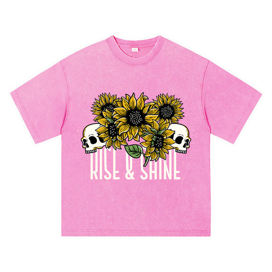 270GSM Heavy Cotton T-SHirt ACID Tees Washed Vintage T-Shirts Skull Sunflower DTG Print TShirts