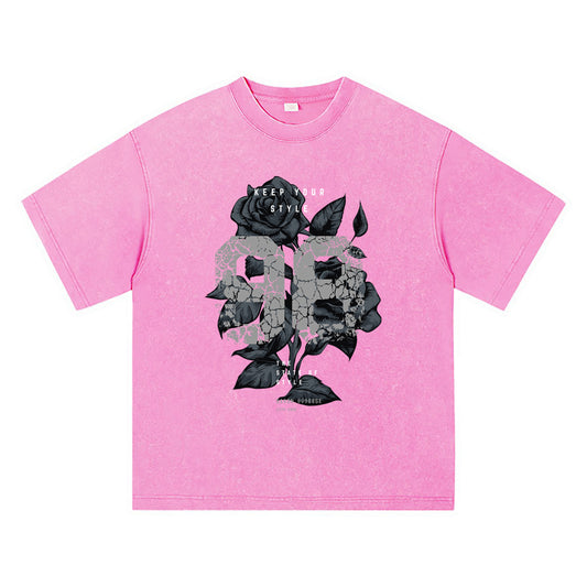 270GSM Heavy Cotton T-SHirt ACID Tees Washed Vintage T-Shirts Flower Number 98 DTG Print TShirts