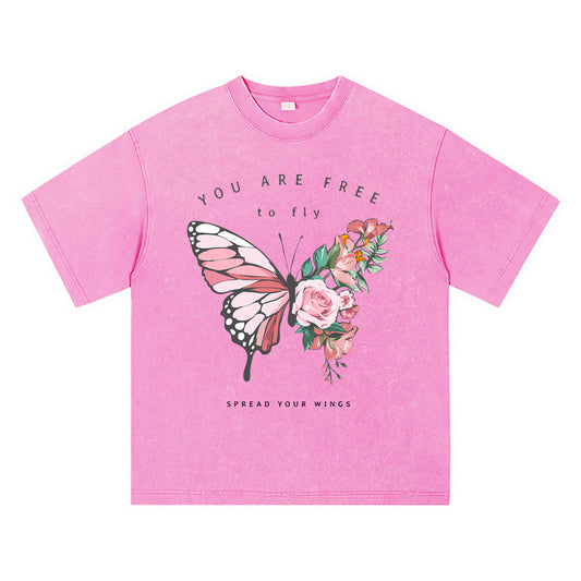 270GSM Heavy Cotton T-SHirt ACID Tees Washed Vintage T-Shirts Flowers Butterfly Half Shape DTG Print TShirts