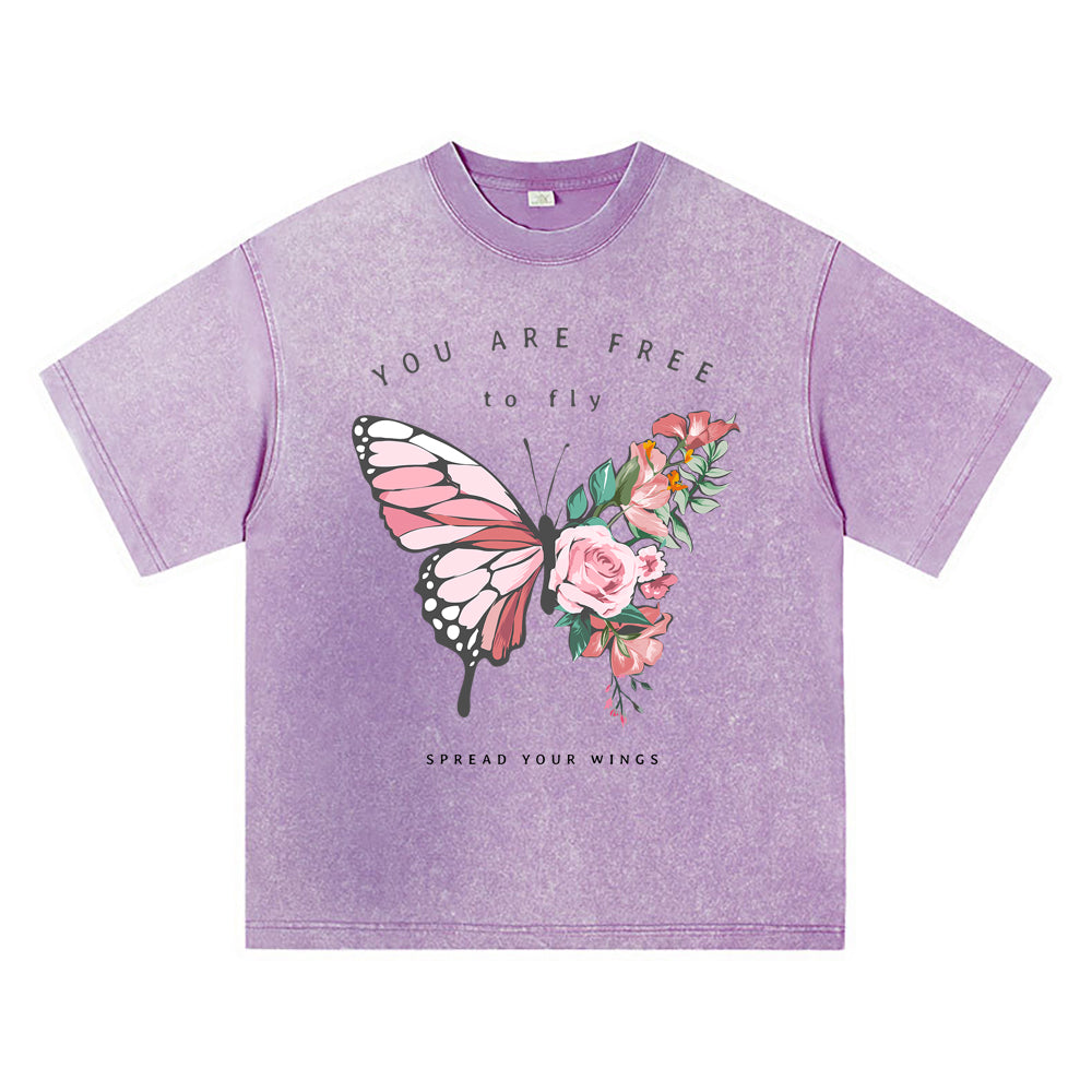 270GSM Heavy Cotton T-SHirt ACID Tees Washed Vintage T-Shirts Flowers Butterfly Half Shape DTG Print TShirts