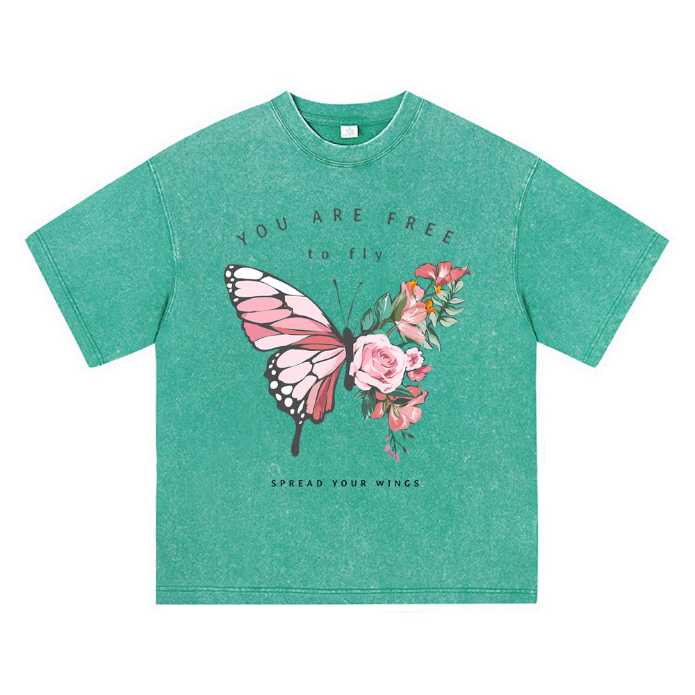 270GSM Heavy Cotton T-SHirt ACID Tees Washed Vintage T-Shirts Flowers Butterfly Half Shape DTG Print TShirts