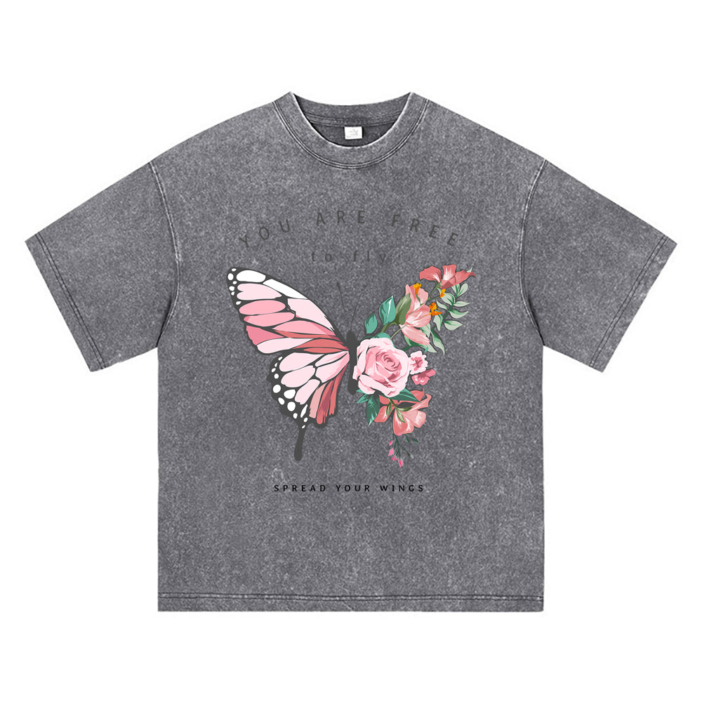 270GSM Heavy Cotton T-SHirt ACID Tees Washed Vintage T-Shirts Flowers Butterfly Half Shape DTG Print TShirts