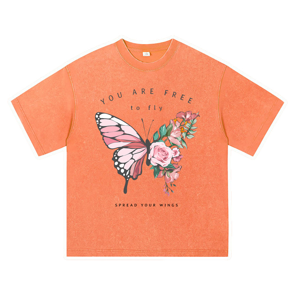 270GSM Heavy Cotton T-SHirt ACID Tees Washed Vintage T-Shirts Flowers Butterfly Half Shape DTG Print TShirts