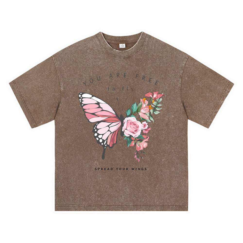 270GSM Heavy Cotton T-SHirt ACID Tees Washed Vintage T-Shirts Flowers Butterfly Half Shape DTG Print TShirts