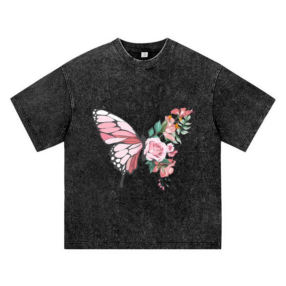 270GSM Heavy Cotton T-SHirt ACID Tees Washed Vintage T-Shirts Flowers Butterfly Half Shape DTG Print TShirts