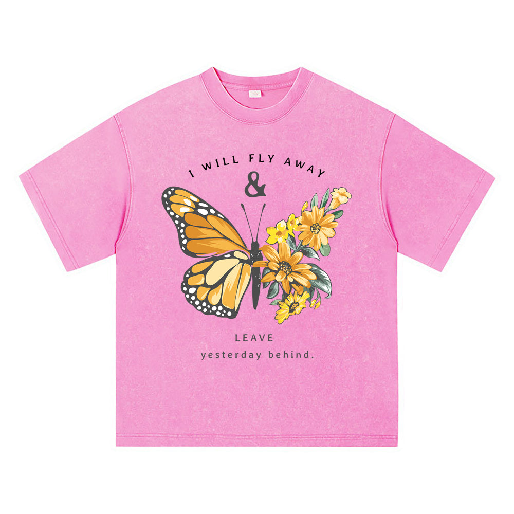 270GSM Heavy Cotton T-SHirt ACID Tees Washed Vintage T-Shirts Fly Away With Butterfly DTG Print TShirts