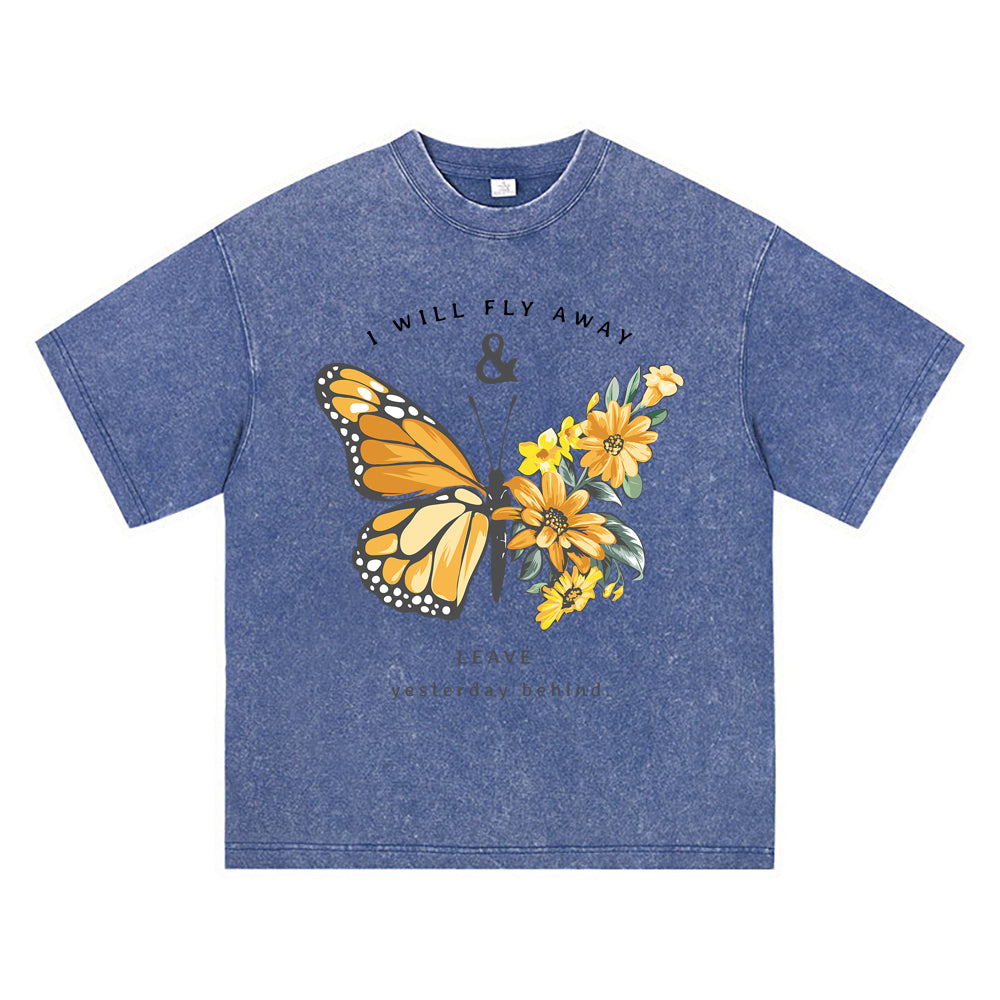 270GSM Heavy Cotton T-SHirt ACID Tees Washed Vintage T-Shirts Fly Away With Butterfly DTG Print TShirts