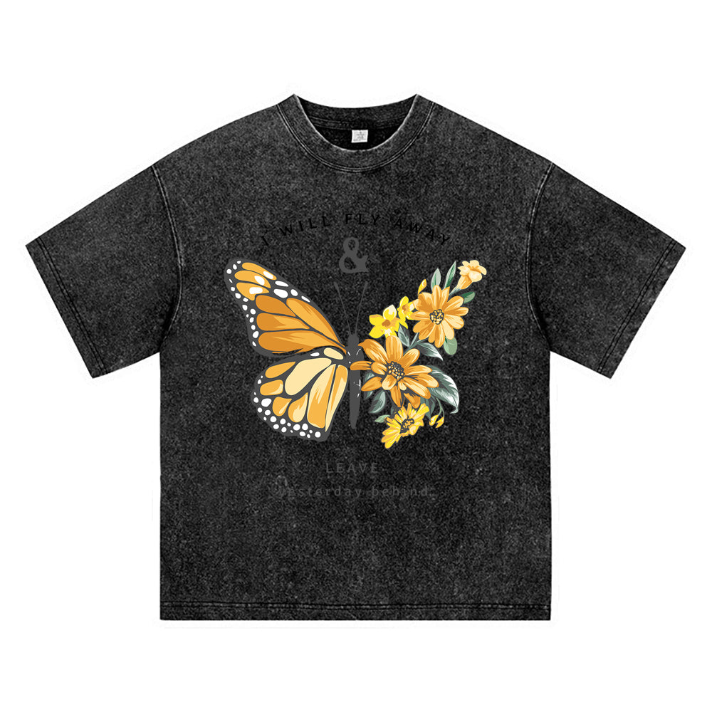 270GSM Heavy Cotton T-SHirt ACID Tees Washed Vintage T-Shirts Fly Away With Butterfly DTG Print TShirts