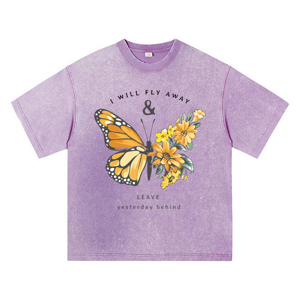 270GSM Heavy Cotton T-SHirt ACID Tees Washed Vintage T-Shirts Fly Away With Butterfly DTG Print TShirts