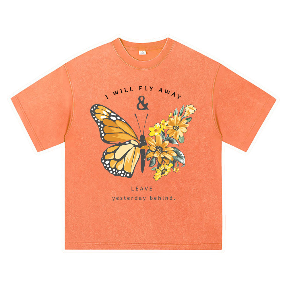 270GSM Heavy Cotton T-SHirt ACID Tees Washed Vintage T-Shirts Fly Away With Butterfly DTG Print TShirts