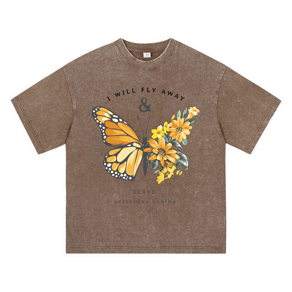 270GSM Heavy Cotton T-SHirt ACID Tees Washed Vintage T-Shirts Fly Away With Butterfly DTG Print TShirts