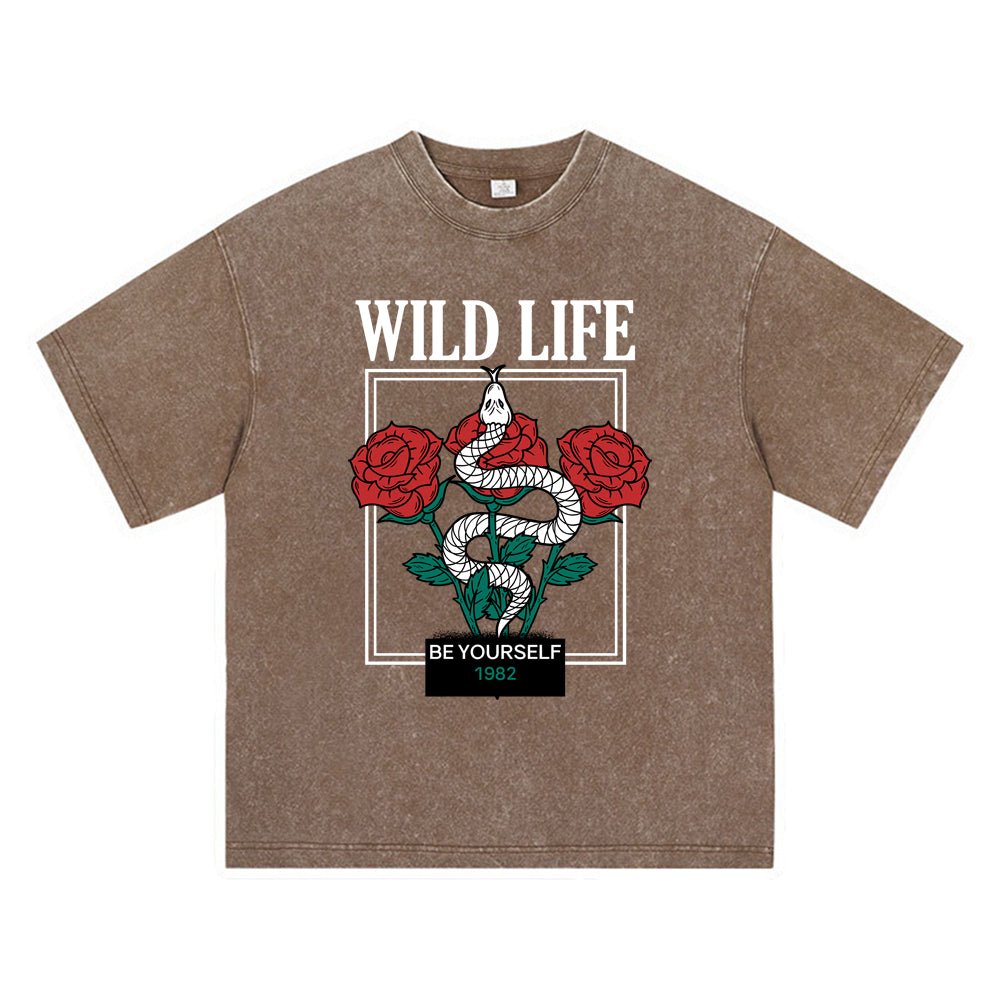 270GSM Heavy Cotton T-SHirt ACID Tees Washed Vintage T-Shirts Snake Rose DTG Print TShirts