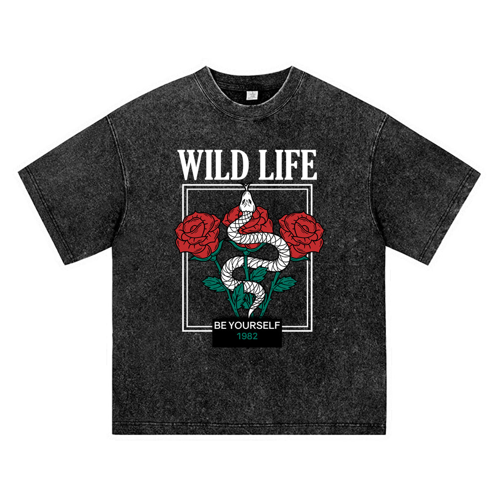 270GSM Heavy Cotton T-SHirt ACID Tees Washed Vintage T-Shirts Snake Rose DTG Print TShirts