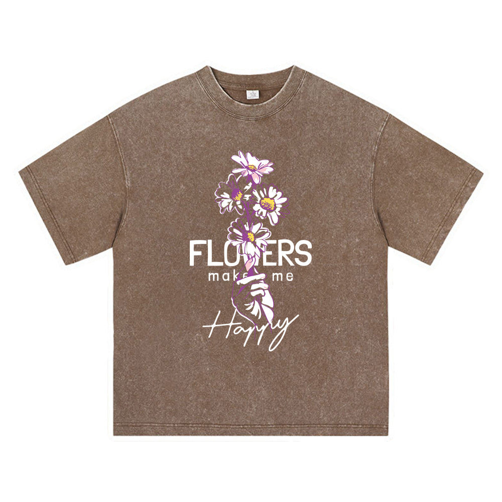 270GSM Heavy Cotton T-SHirt ACID Tees Washed Vintage T-Shirts Holding Flowers Line DTG Print TShirts