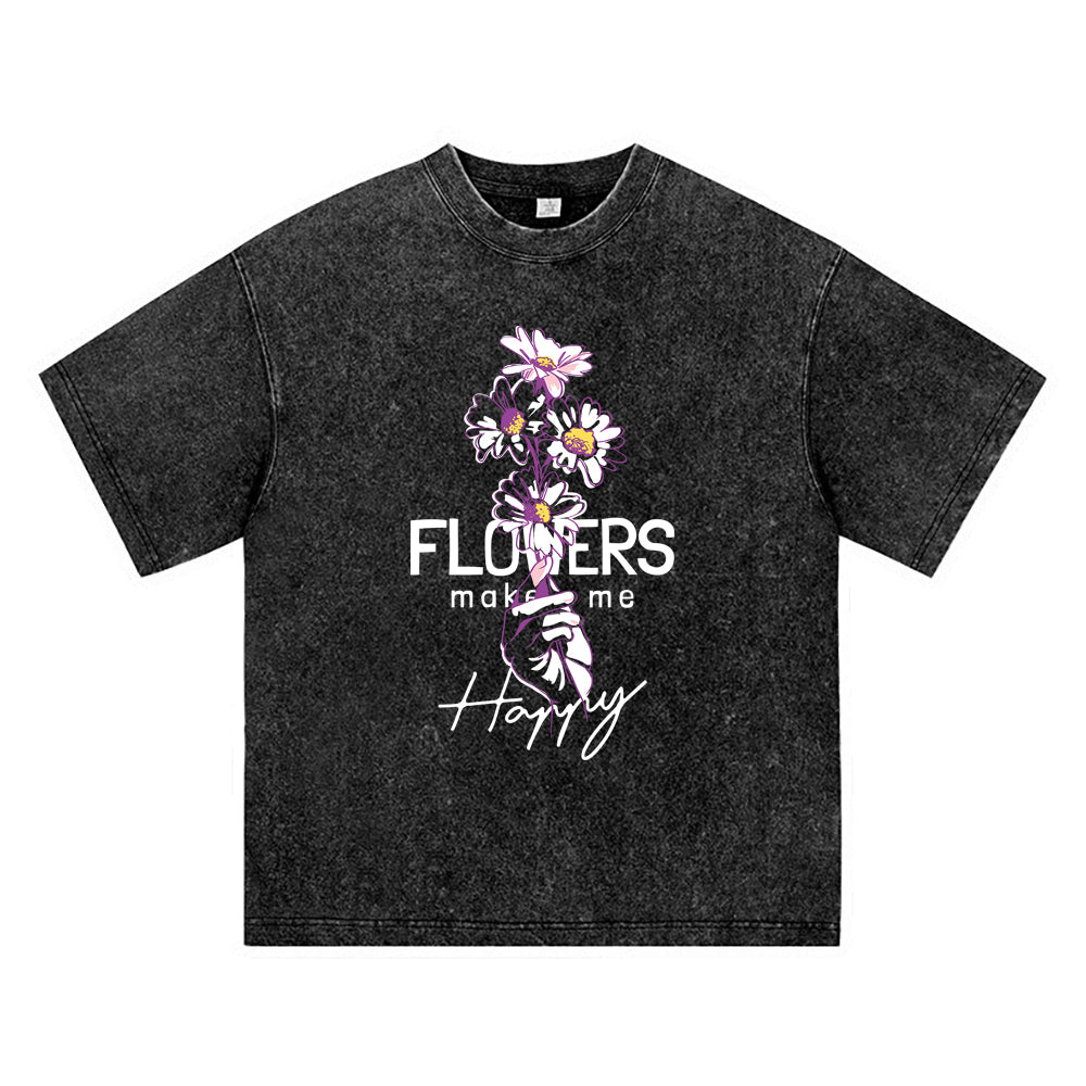 270GSM Heavy Cotton T-SHirt ACID Tees Washed Vintage T-Shirts Holding Flowers Line DTG Print TShirts