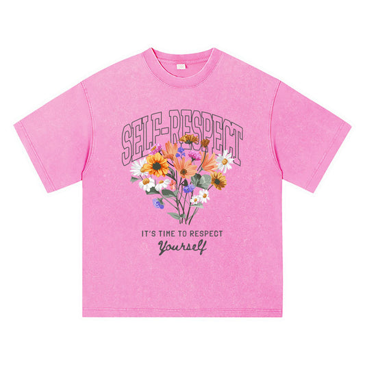 270GSM Heavy Cotton T-SHirt ACID Tees Washed Vintage T-Shirts Colorful Flower DTG Print TShirts