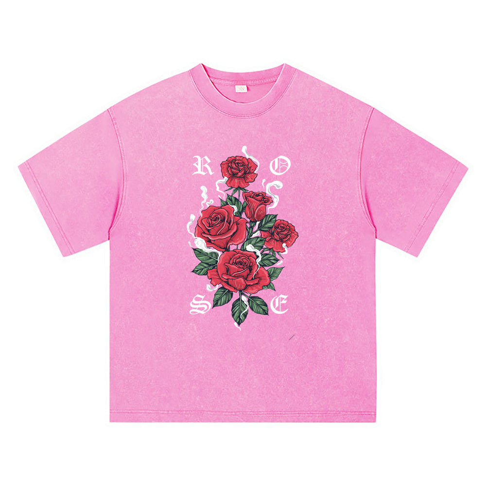 270GSM Heavy Cotton T-SHirt ACID Tees Washed Vintage T-Shirts Rose Red DTG Print TShirts