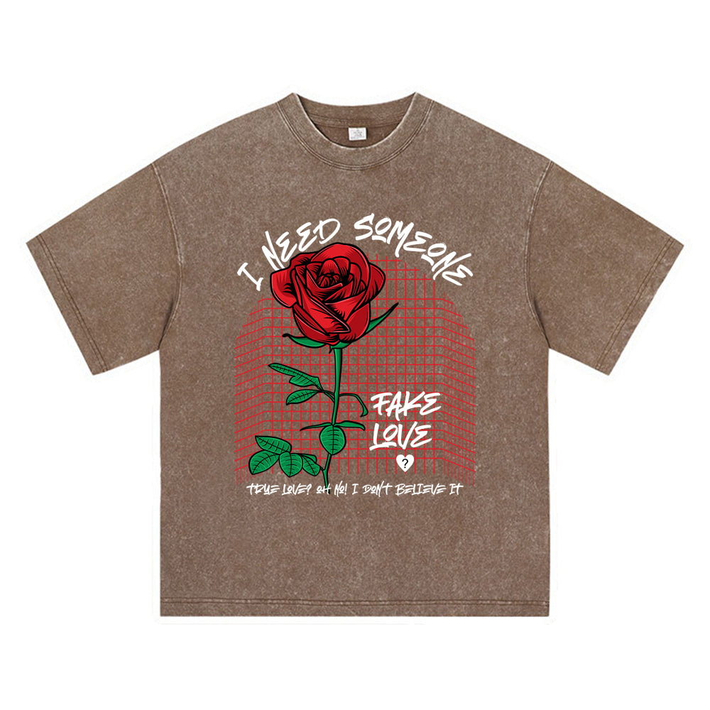 270GSM Heavy Cotton T-SHirt ACID Tees Washed Vintage T-Shirts Rose Flower DTG Print TShirts