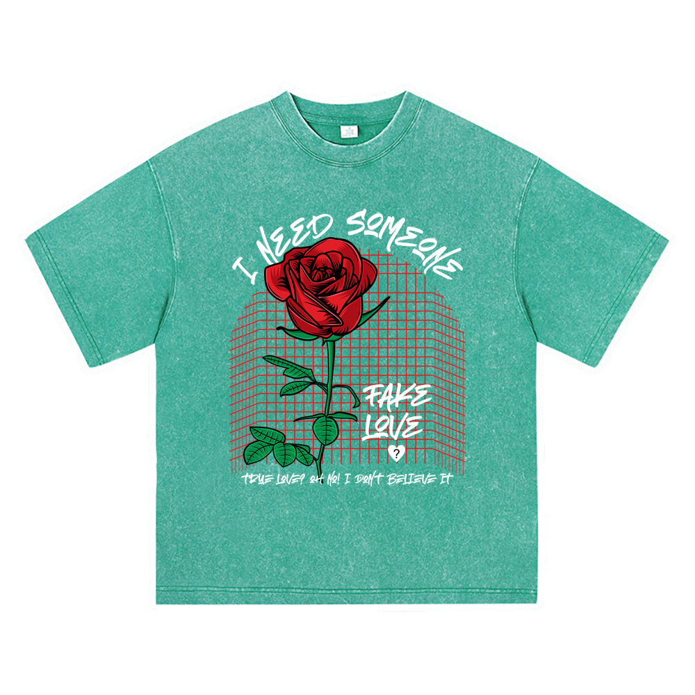 270GSM Heavy Cotton T-SHirt ACID Tees Washed Vintage T-Shirts Rose Flower DTG Print TShirts