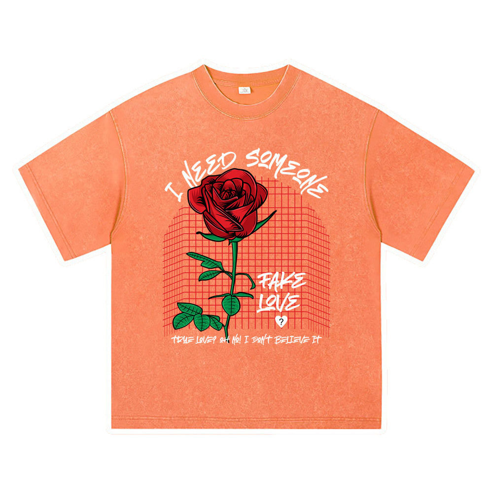 270GSM Heavy Cotton T-SHirt ACID Tees Washed Vintage T-Shirts Rose Flower DTG Print TShirts